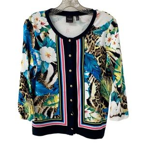 Rafaella 100% Cotton Cardigan Sweater Floral and Animal Print 3/4 Sleeve Size M